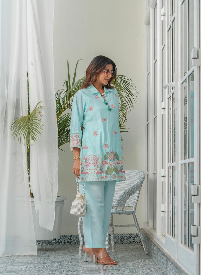 دي دبليو طقم منسق من قميص مطرز وبنطال للنساء - Image 3